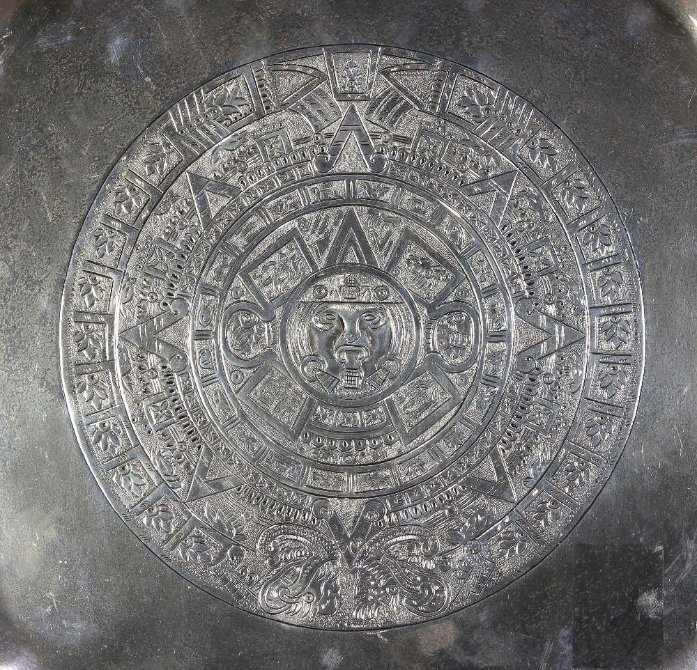 Joyeria Mexican sterling silver platter, 20th Century, incised with Aztec style glyphs depicting the - Image 2 of 6