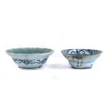 (lot of 2) Japanese celadon bowl, with a barbed edge and landscape in blue-and-white in the center