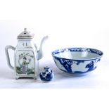 (lot of 3) Group of Chinese porcelain, consisting of a square sectioned teapot decorated with two