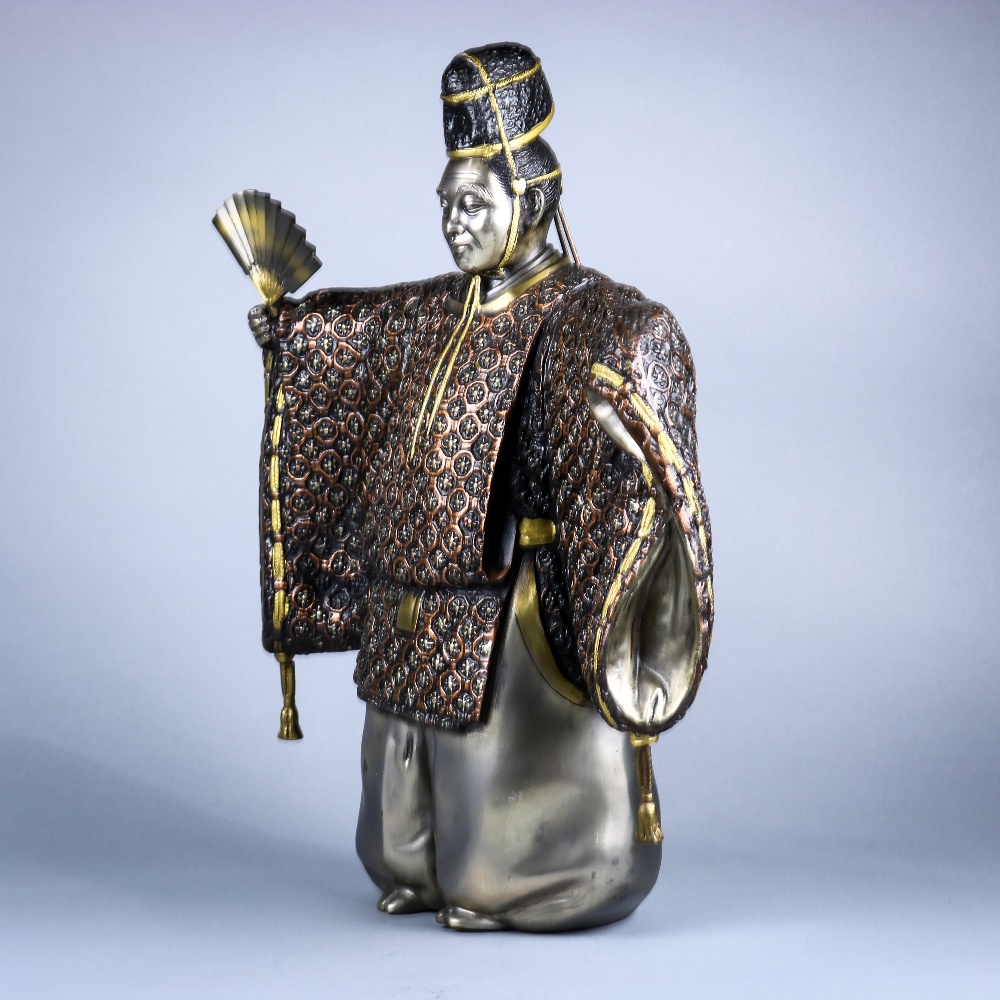 Japanese bronze and mixed metal noh dancer, in traditional attire with an Okina mask and holding a - Image 3 of 7