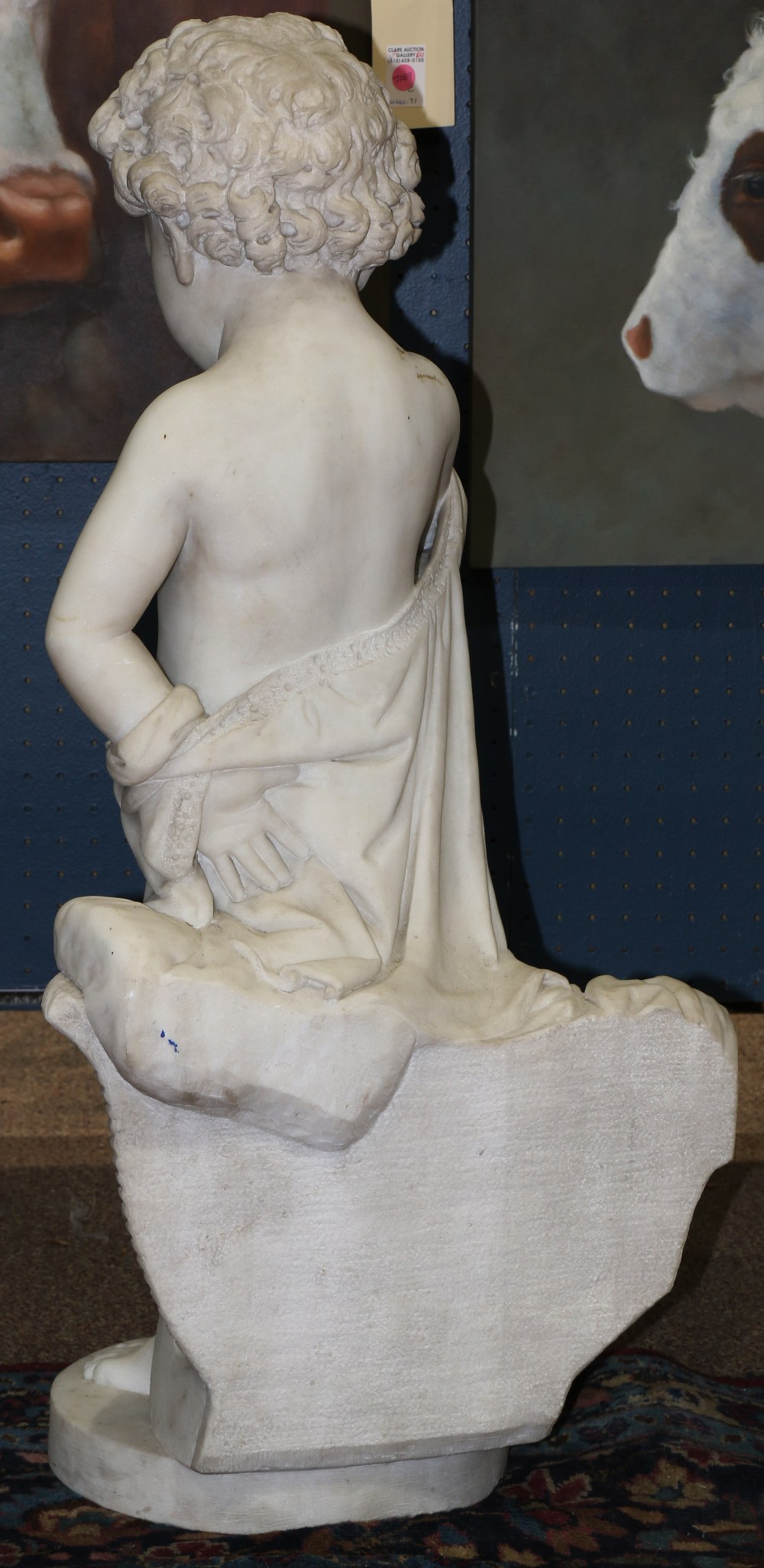 Continental marble figural sculpture, depicting a young boy, with curly hair, rubbing his eye in a - Image 3 of 3