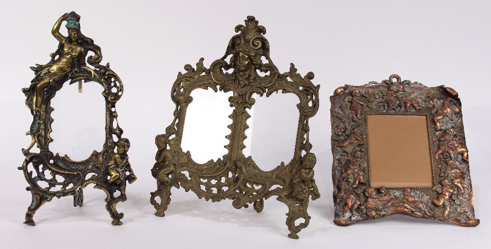 (lot of 3) Renaissance Revival brass and metal cast frame group, each with figural and ornate