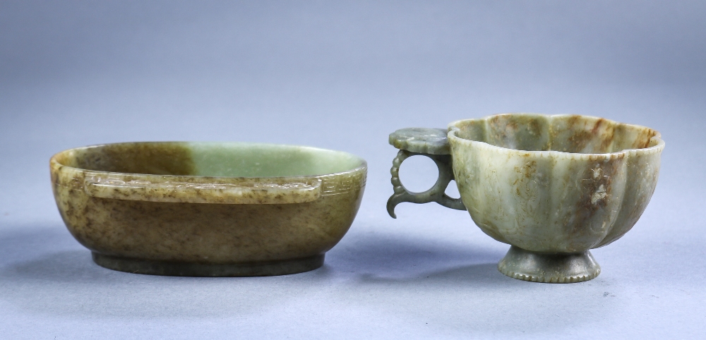 (lot of 2) Chinese hardstone cups: the first, of floral form carved with figures above lappet band - Image 2 of 5