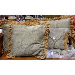 (lot of 5) French Provincial style throw pillows, each having floral upholstery accented with birds,