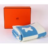 Hermes cashmere and wool throw blanket, executed in light blue and white, accented with