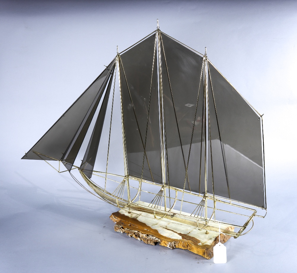 Mid century modern brass sail boat sculpture, the sails executed in smoked gray plastic, rising on a - Image 3 of 5