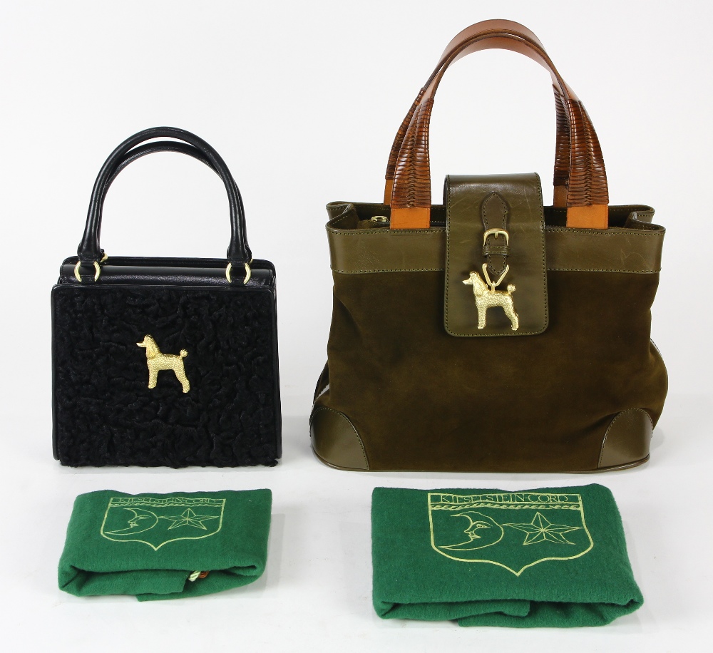 (lot of 2) Kieselstein cord handbags, one executed in brown suede, and having figural poodle
