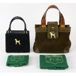 (lot of 2) Kieselstein cord handbags, one executed in brown suede, and having figural poodle