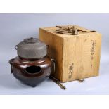 (lot of 2) Japanese tea ceremony items: bronze furo (wind furnace) and iron kama (tea kettle),