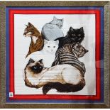 Framed Hermes silk scarf, "Les Chats" the scarf having a border of blue and red framing the six