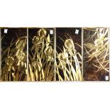 (lot of 4) Roy Little mid-century brass panels, each depicting Iris flowers, 20"h x 12"w