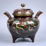 Japanese cloisonne censer, the lid with butterfly shaped vents and decorated with chrysanthemums,