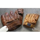 (lot of 2) Vintage leather baseball gloves, consisting of a 1940's leather five finger baseball