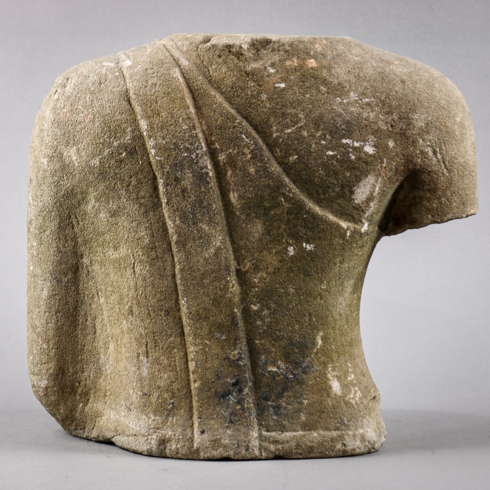 Thai sandstone torso, adorned in a simple monk's robe with fabric draping down the left shoulder, - Image 3 of 7