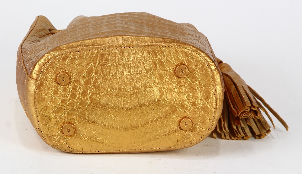 Nancy Gonzales crocodile drawstring handbag, having a bronze finish, with dust bag, 13.5"h; - Image 4 of 5