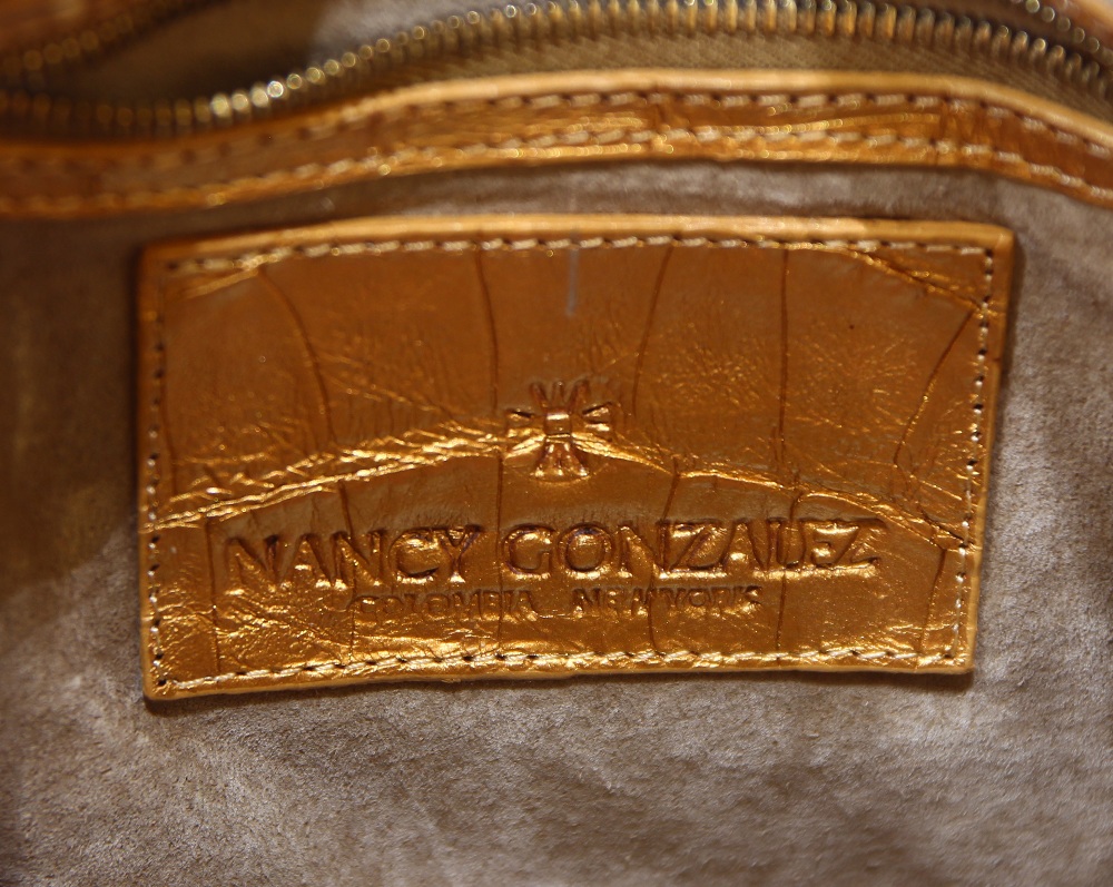 Nancy Gonzales crocodile drawstring handbag, having a bronze finish, with dust bag, 13.5"h; - Image 5 of 5