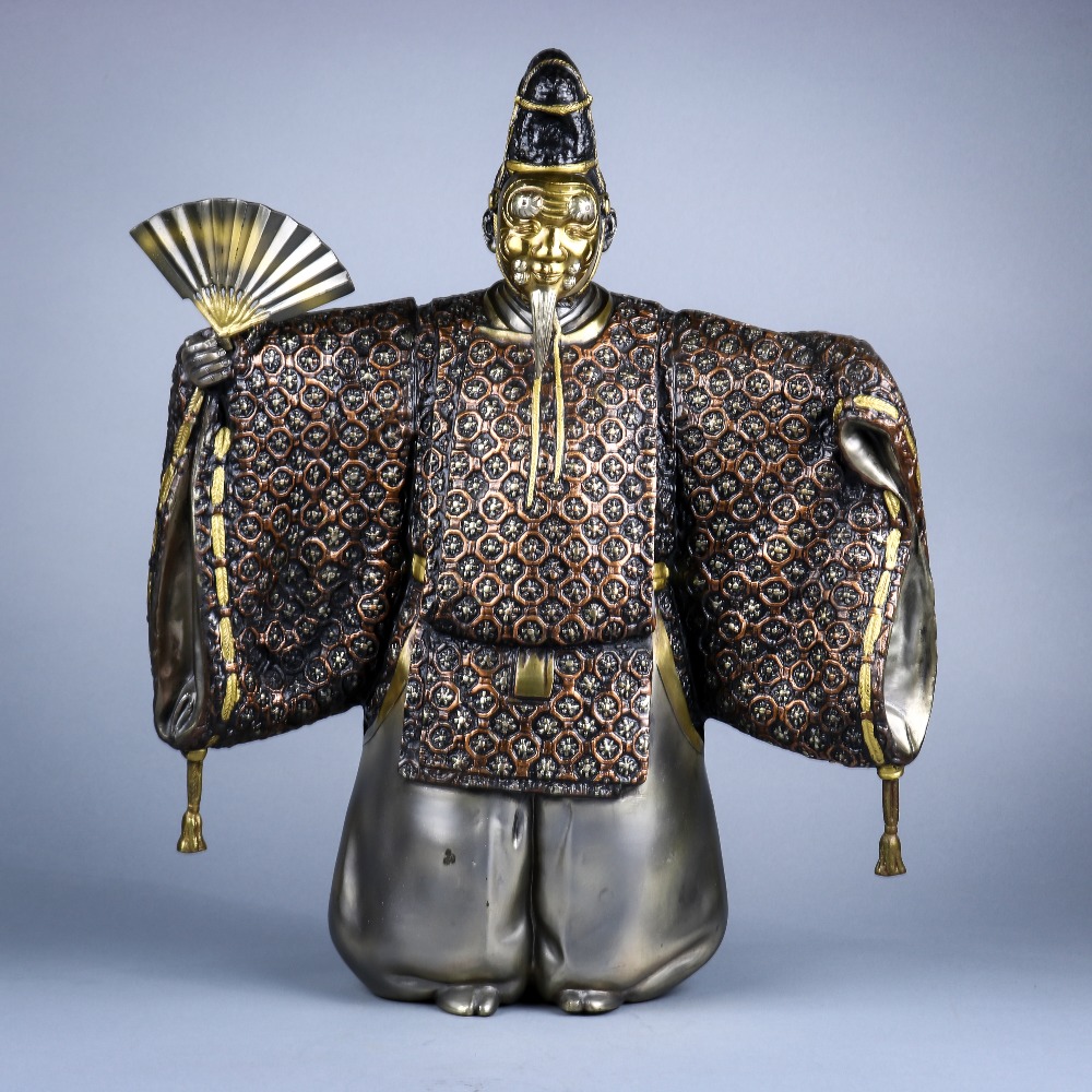 Japanese bronze and mixed metal noh dancer, in traditional attire with an Okina mask and holding a - Image 2 of 7