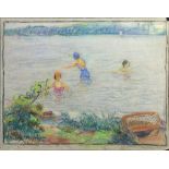 Richard Hermann Eschke (German, 1859-1944), Bathing in the Lake, pastel on paper, signed lower left,