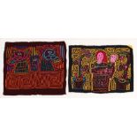 (lot of 2) Embroidered Columbian Mola textiles, largest: 14"l x 13"w