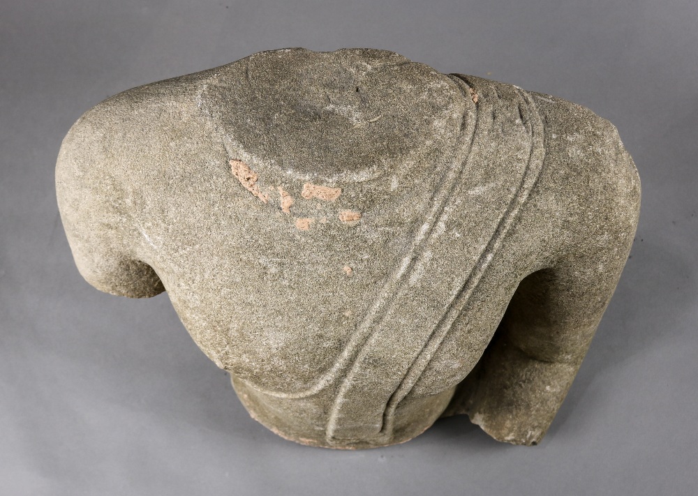 Thai sandstone torso, adorned in a simple monk's robe with fabric draping down the left shoulder, - Image 6 of 7