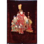 Chinese embroidered hanging of the Three Star Immortals, the iconic Sanxing wearing robes