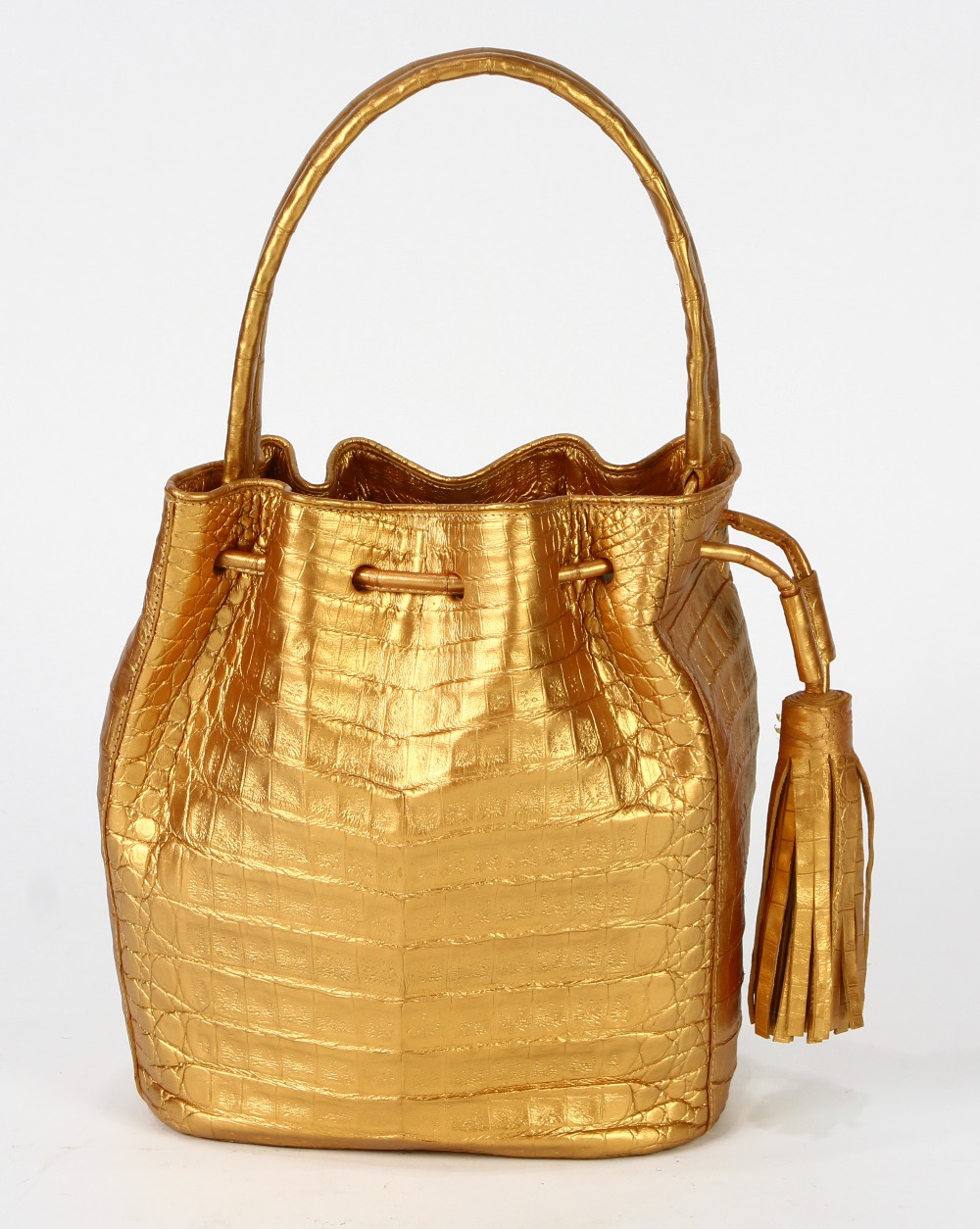 Nancy Gonzales crocodile drawstring handbag, having a bronze finish, with dust bag, 13.5"h; - Image 3 of 5
