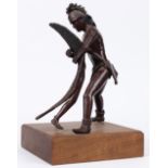 Patinated bronze Native American figure, modeled as embracing a feather girl, rising on a wood base,