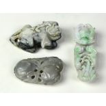 (lot of 3) Chinese jade/hardstone carvings: first, a recumbent mythical beast executed from an