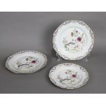 (lot of 3) Chinese export porcelain plates, each of octagonal form with a floral rim, the well