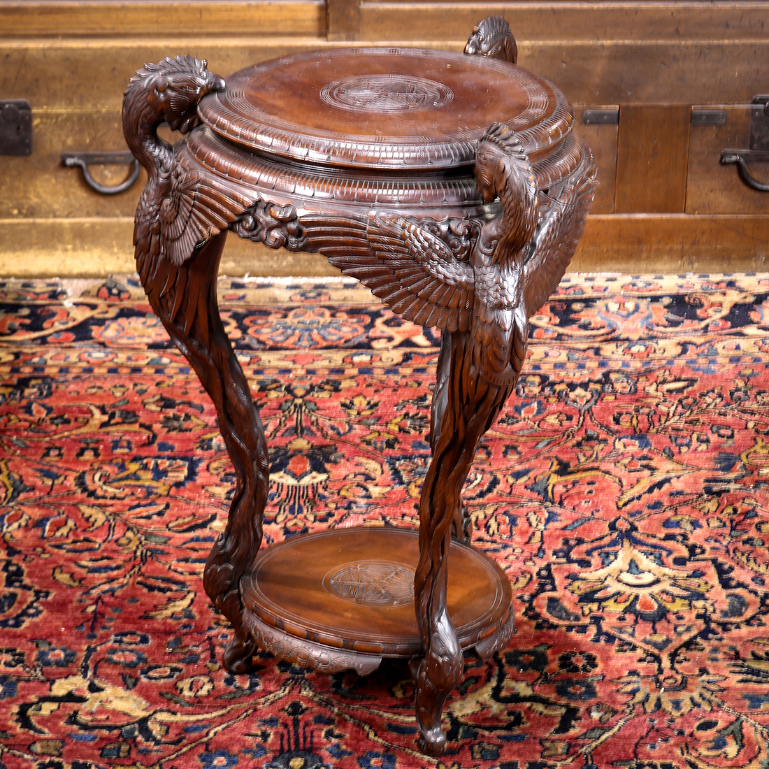 Japanese two-tiered wooden side table, Meiji period,, circular table tops held by tripod carved in