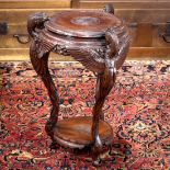 Japanese two-tiered wooden side table, Meiji period,, circular table tops held by tripod carved in