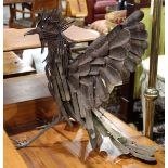 Artisan metal bird sculpture, made of forks and shoe horns, 20"h