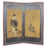 Japanese two-panel byobu screen, 19th century, ink and colors on silk, right panel depicting a