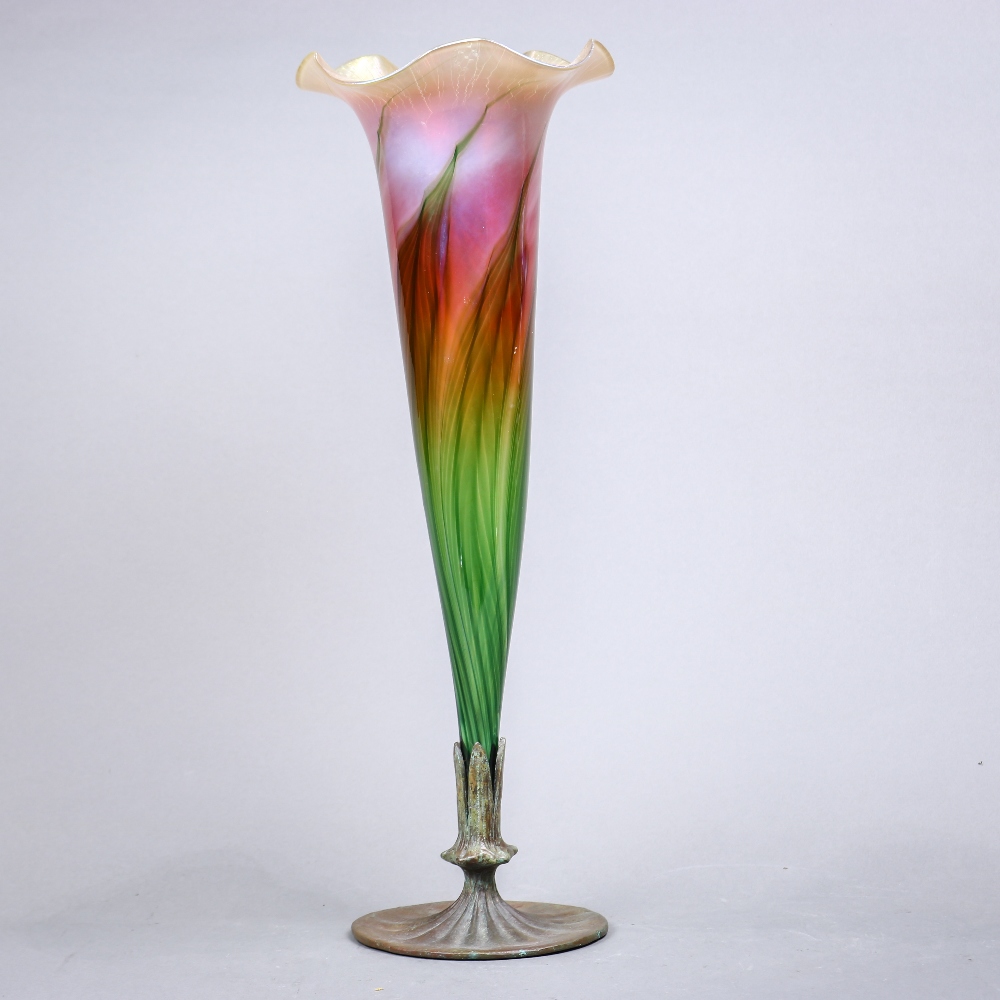 Large Lundberg Studios trumpet form art glass vase, having a flared rim, above the interior with - Image 2 of 5