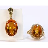 Citrine and 14k yellow gold jewelry suite Including 1) oval-cut citrine, diamond and 14k yellow gold