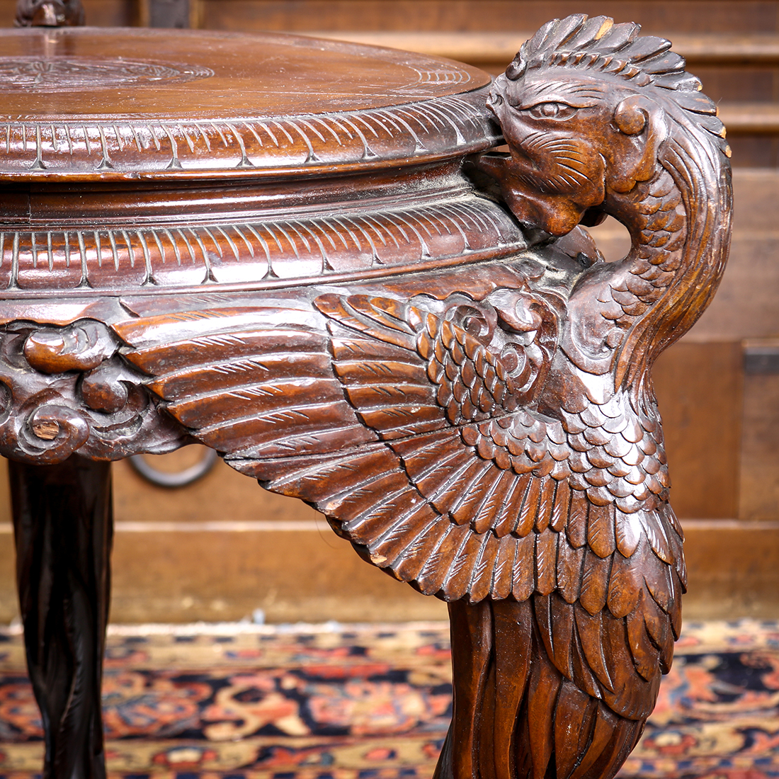 Japanese two-tiered wooden side table, Meiji period,, circular table tops held by tripod carved in - Image 3 of 5