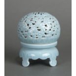 Chinese clair de lune porcelain incense burner, the openwork dome lid centered with a shou encircled