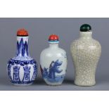 (lot of 3) Chinese porcelain snuff bottles, 19th century: first, underglaze blue with shou