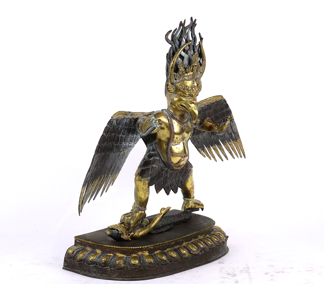 Himalayan copper alloy sculpture of Garuda, standing above a mermaid on a separate lotus pedestal ( - Image 2 of 3