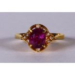 Ruby, diamond and 18k yellow gold ring Featuring (1) ruby, weighing approximately 1.00 ct., accented