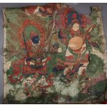 Himalayan painted thangka, Virudhaka and Dhrtarastrar, ink and color on textile, featuring two of