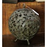 Japanese bronze lantern, global body featuring openwork plum blossoms, roof with a ring handle and