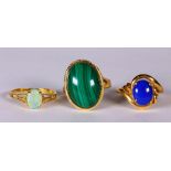 (Lot of 3) Multi-stone and yellow gold rings Including 1) malachite and 14k yellow gold ring, size 7