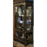 Chinese overlay lacquered display cabinet, with a hinged glass door and two glass shelves to