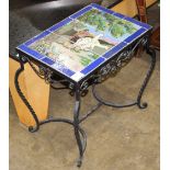 Mid-century tile top side table, the polychrome tile top depicting a figure with llamas against a