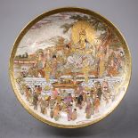 Japanese Satsuma dish, depicting men, women and children of the Edo period gathered to worship