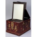 Japanese portable mirror chest, Meiji/Taisho period, lacquered in dark brown and vermilion, with