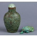 (lot of 2) Chinese snuff bottles, the first of turquoise, in the form of a toad; the second, a
