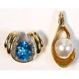 (Lot of 2) Blue topaz, cultured pearl, diamond and 14k yellow gold pendant Including 1) 12.0 mm