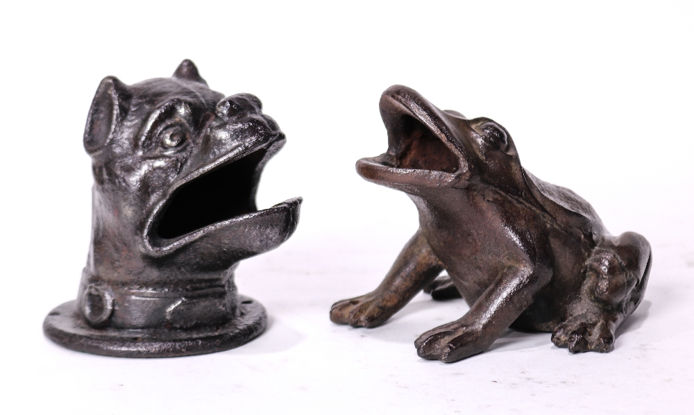 (lot of 2) Cast iron metal figures, consisting of a bull dog, together with a frog, 5"h x 5"2 x 6"d